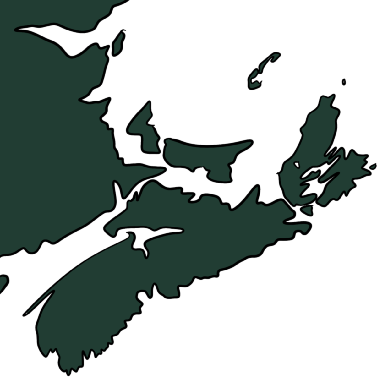 A dark green filled outline of the general area where the Acadian ethnicity developed.